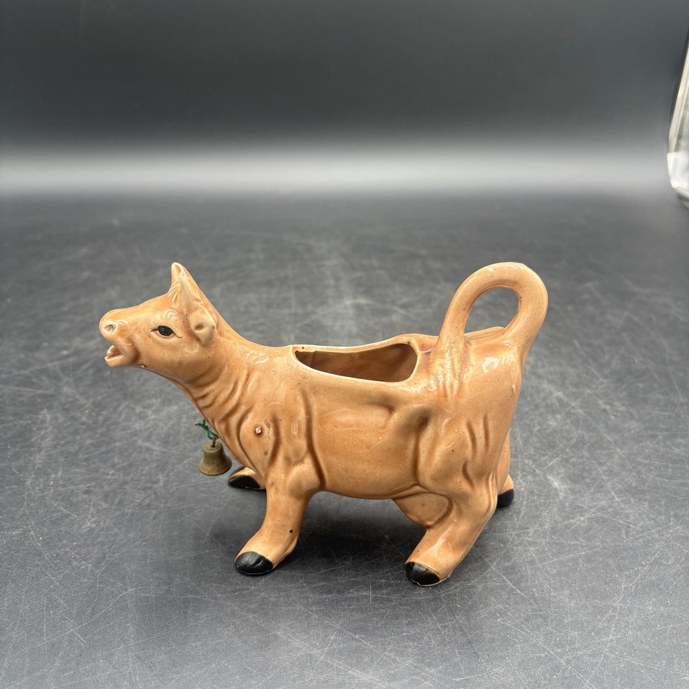 Vintage Ceramic Cow Creamer Pitcher Tan Brown Farmhouse Decor with Bell